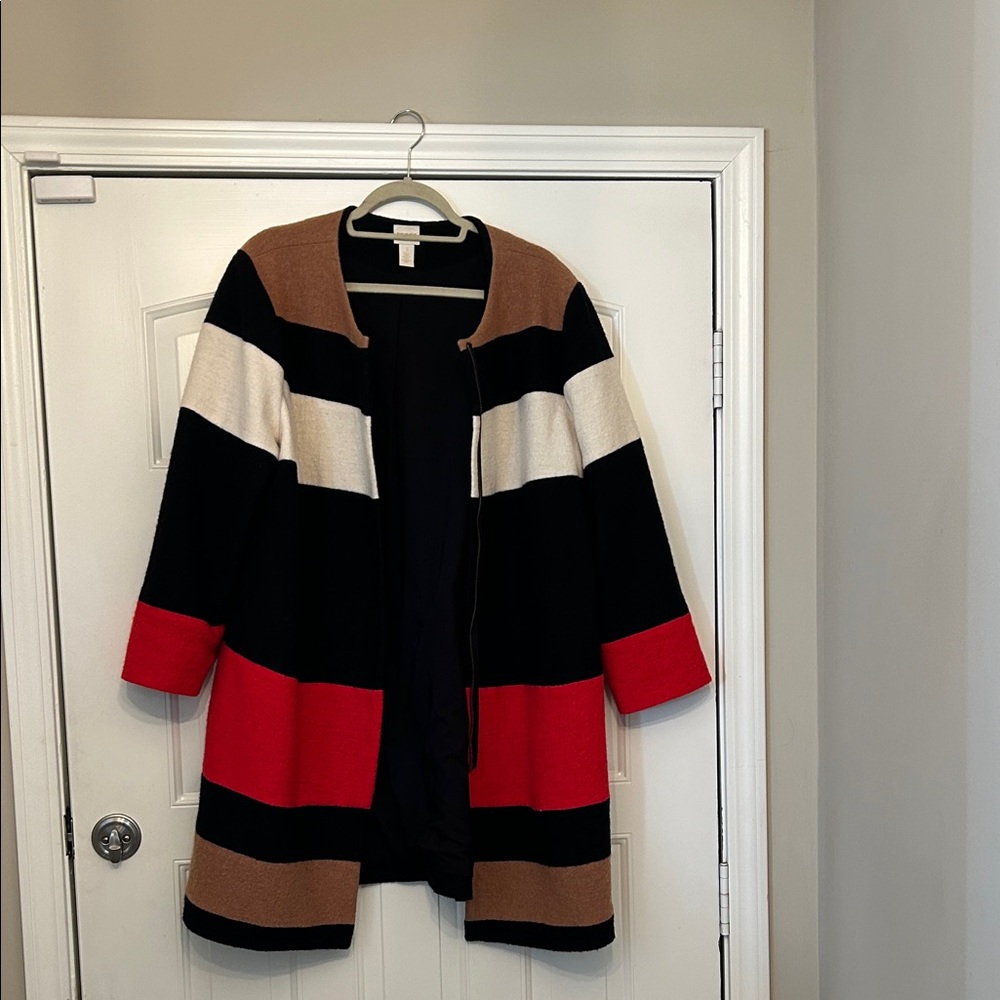 Chico’s Wool Color Blocked Stripe Lined Black, Red, Tan Jacket-Size 3